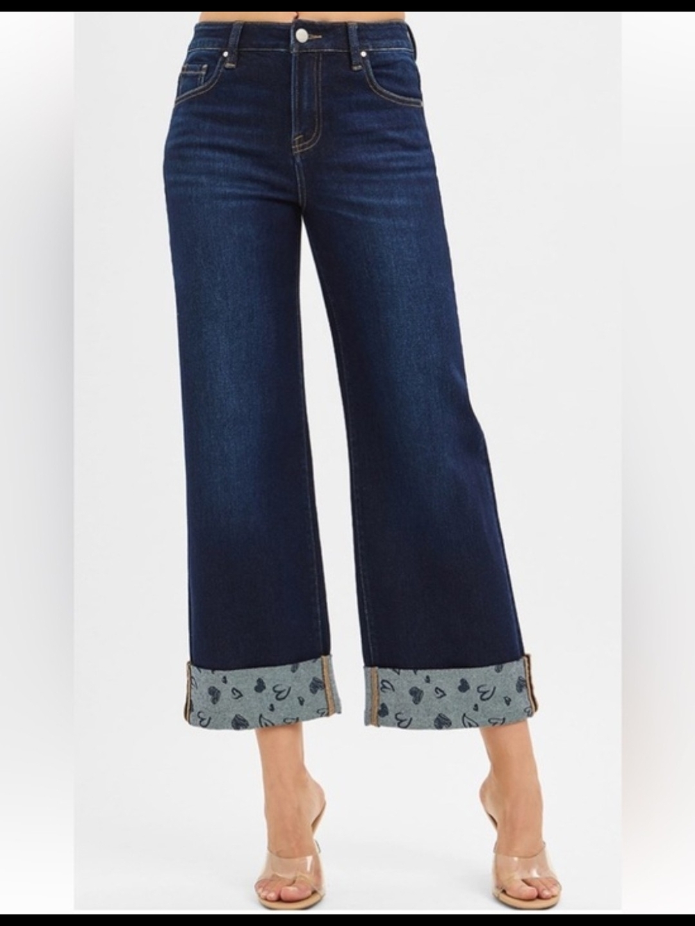 Risen Crop Wide Leg Dark Blue Jeans with Cuffed Heart-Print Hem